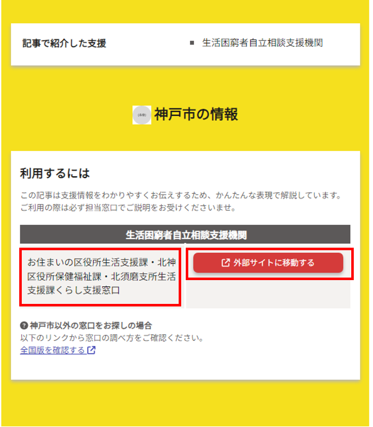 支援機関などの情報が表示される